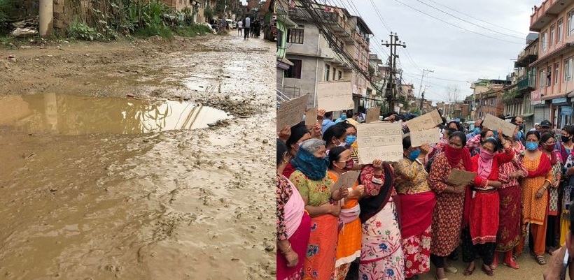 सडक पिच गर्न माग गर्दै आन्दोलनमा उत्रिए महिला