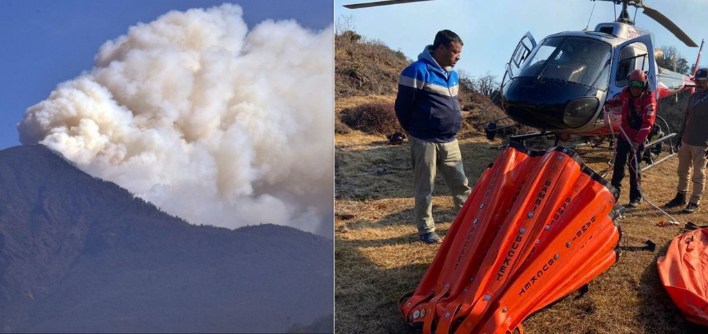 पाथीभरा मन्दिरलाई आगलागीबाट जोगाउन हेलिकप्टरबाट पानी खसालियो