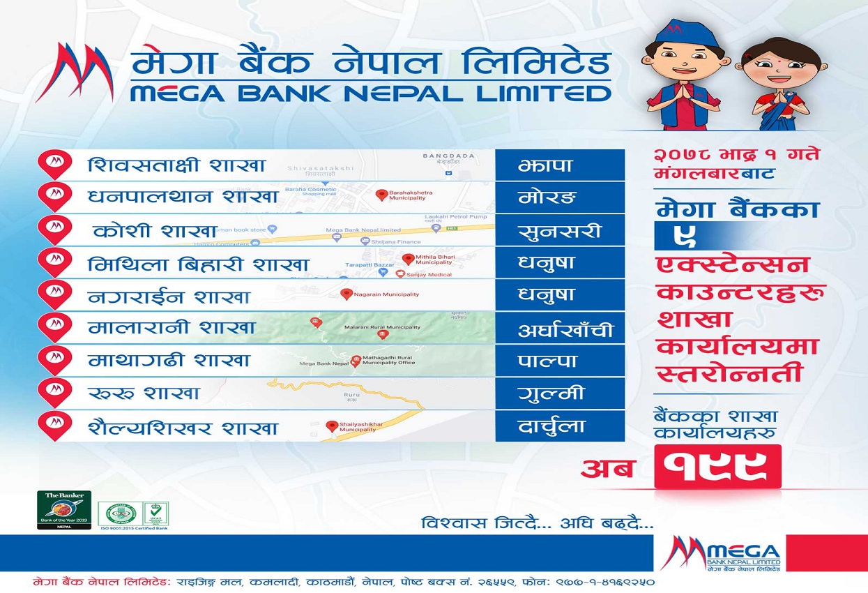 मेगा बैंकका ९ एक्सटेन्सन काउन्टर शाखा कार्यालयमा स्तरोन्नति