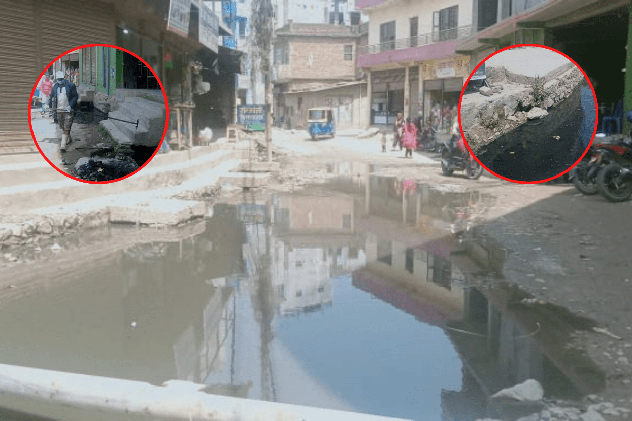 वीरेन्द्रनगरको विकास : नाला जाम भएपछि सडकमै पोखरी