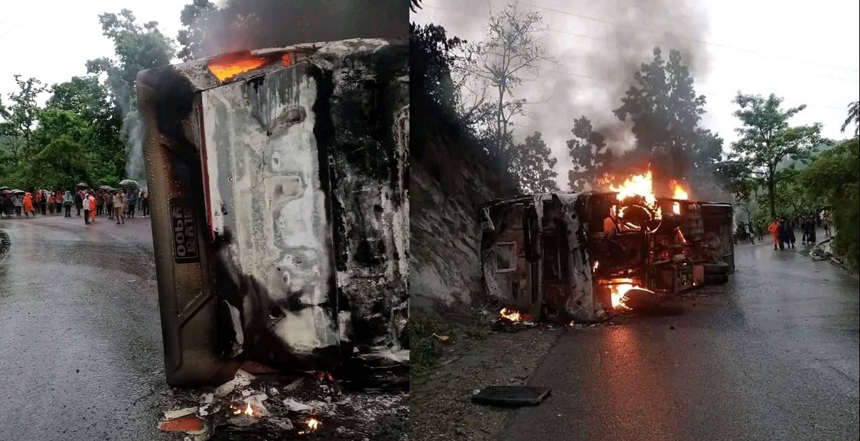 दाउन्नेमा बस पल्टेर आगलागी हुँदा ३१ घाइते, ६ जनाको अवस्था गम्भीर
