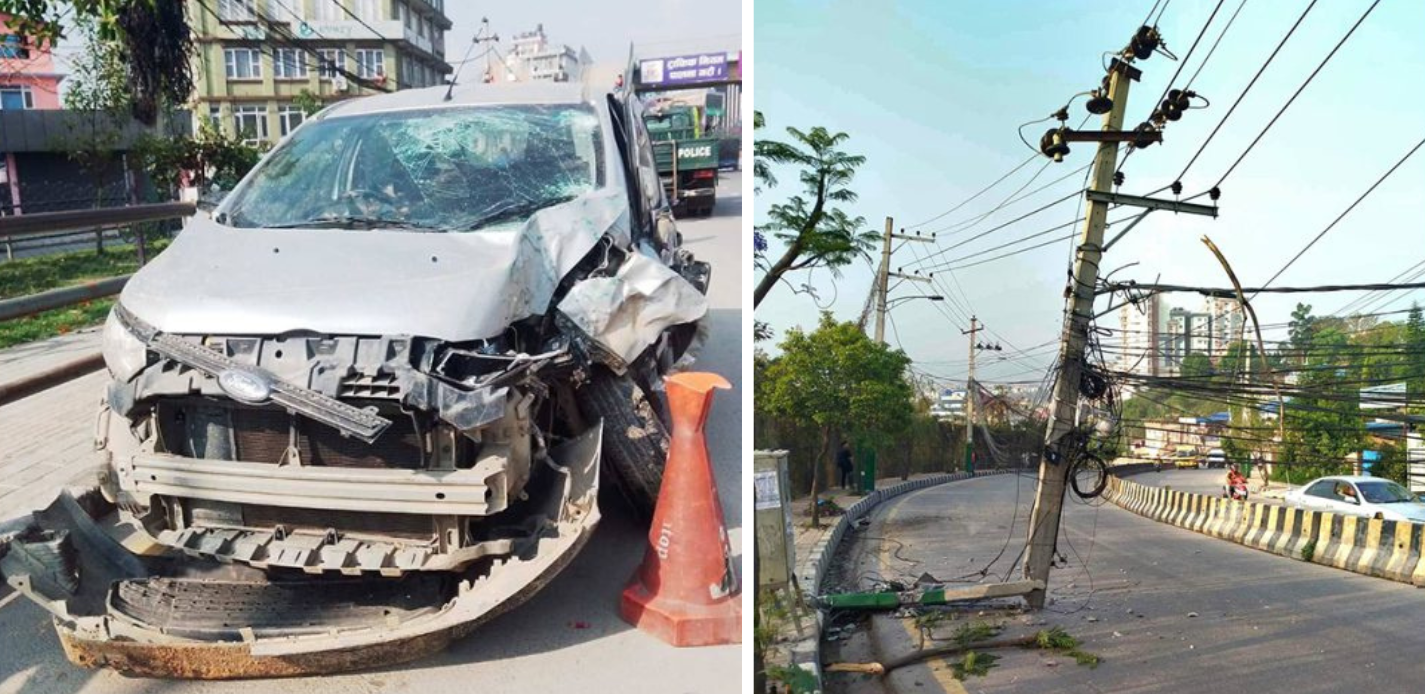 कार ठोक्किँदा ११ हजार भोल्टको पोल भाँचिएर सडकमा, तीन जनालाई अस्पताल लगियो
