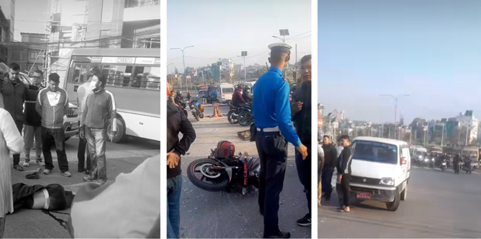 कोटेश्वर-तीनकुने सडक खण्डमा बस, भ्यान र बाइक ठोक्किँदा एक महिला गम्भीर घाइते
