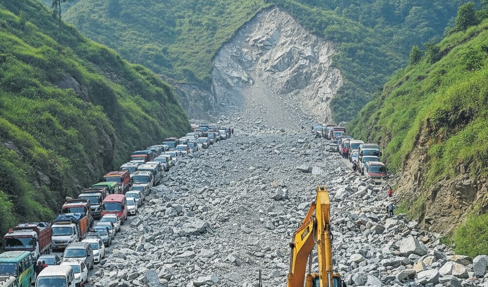 धादिङको बादरेमोडमा सुख्खा पहिरो, पृथ्वी राजमार्ग अवरुद्ध