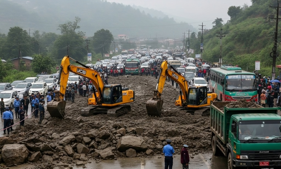 थाक्रेमा लेदोसहितको पहिरो, पृथ्वी राजमार्ग दुईतर्फी अवरुद्ध