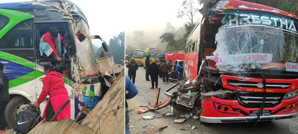 थाक्रेमा दुई बस ठोक्किएर पसलमा छिर्दा टिपर चालकको मृत्यु