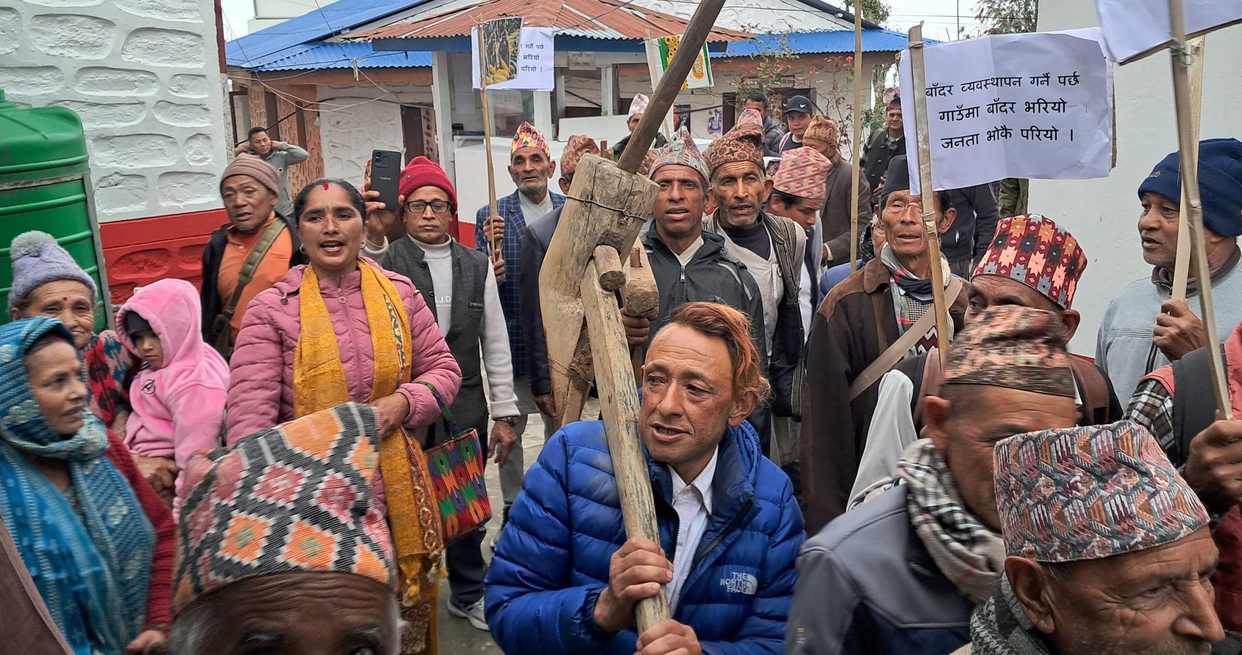 बाँदरपीडित किसानद्वारा कृषि औजारसहित खोटाङमा प्रदर्शन