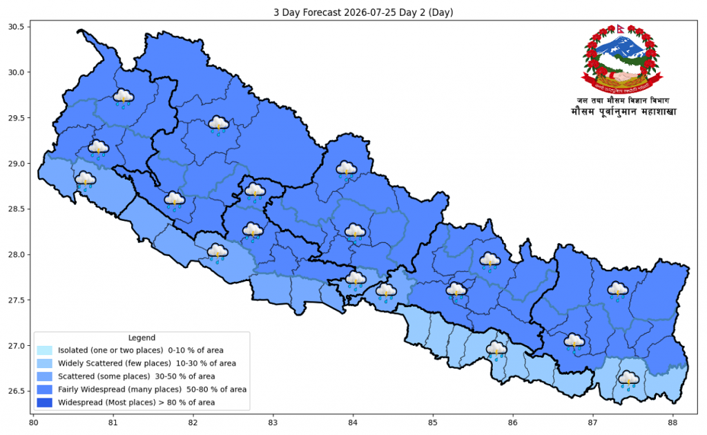 आजको मौसमः एकदुई स्थानमा भारी वर्षाको सम्भावना